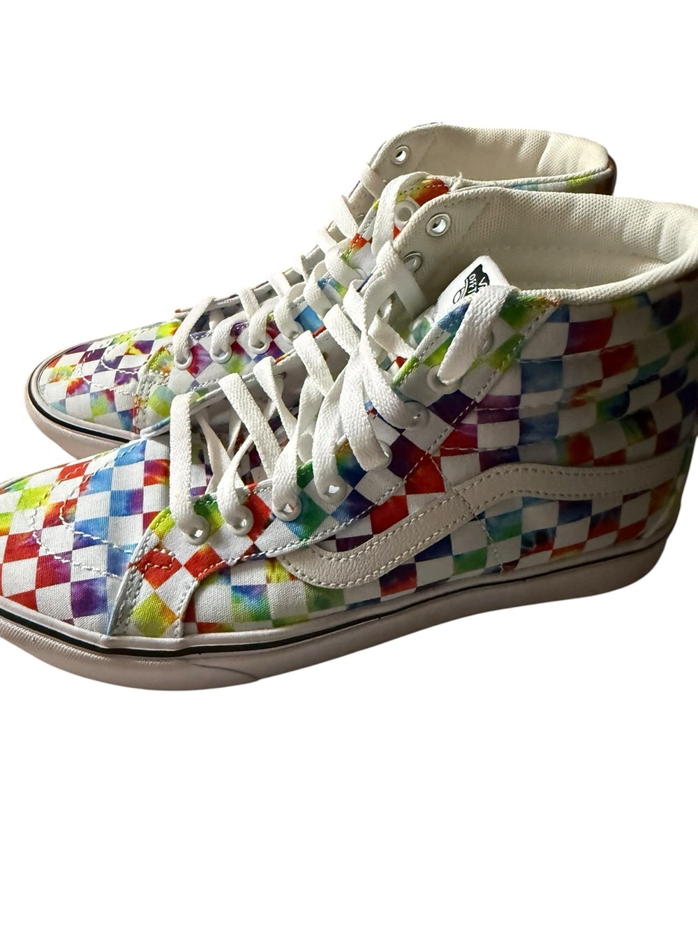 Vans High-Top Checkerboard Sneakers in White with Rainbow Accents